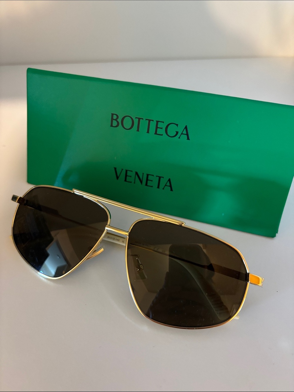 Bottega Veneta Gold Frame Sunglasses with Brown Lenses and Green Case